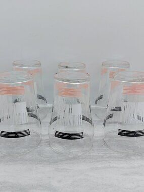 Set Of 6 Mid- Century Modern Juice Glass Clear With White Pink & Black Design